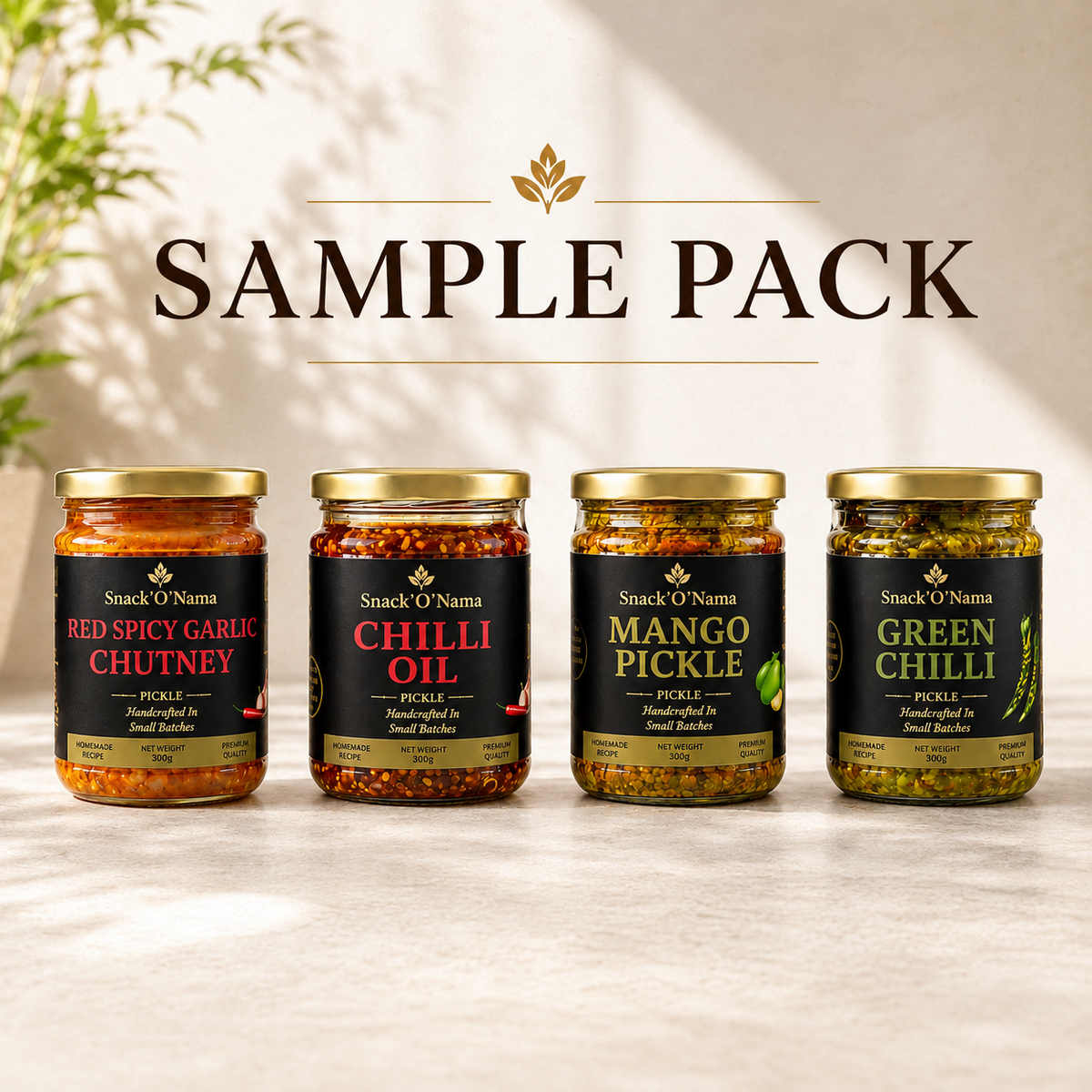 Snack'O'Nama Sample Pack | 4x100g Jars - 2 Pickles | 1 Chutney | 1 Chilli Oil
